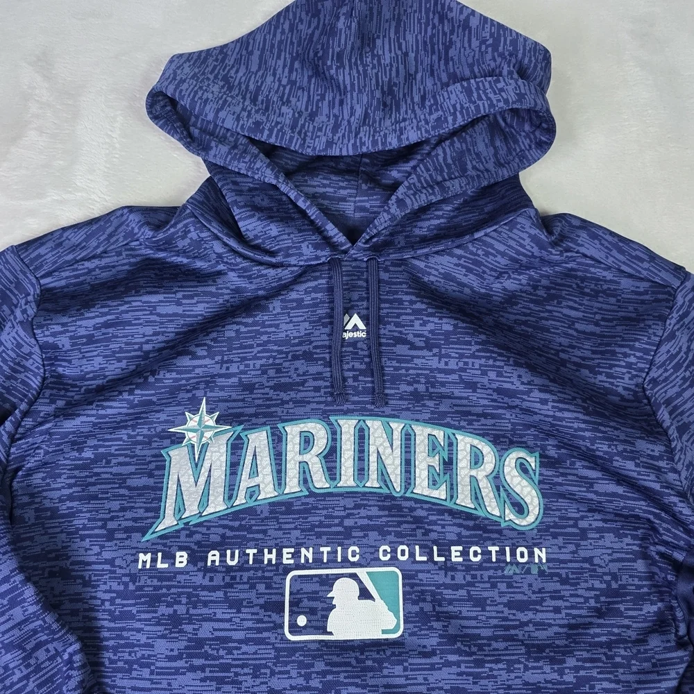 Mariners MLB Authentic Collection Navy Geometric Pullover Hoodie Majestic Sz XL